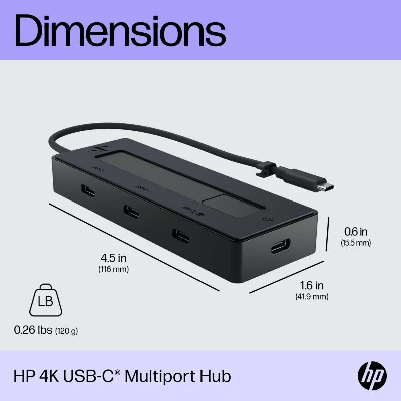 HP 4K USB-C Multiport Hub, USB Type-C, USB 3.2 Gen 2 (3.1 Gen 2) Type-C, 10000 Mbit/s, Black, 4K Ultra HD, China