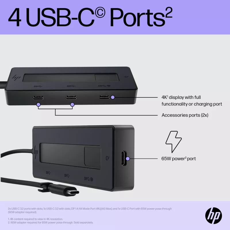 HP 4K USB-C Multiport Hub, USB Type-C, USB 3.2 Gen 2 (3.1 Gen 2) Type-C, 10000 Mbit/s, Black, 4K Ultra HD, China