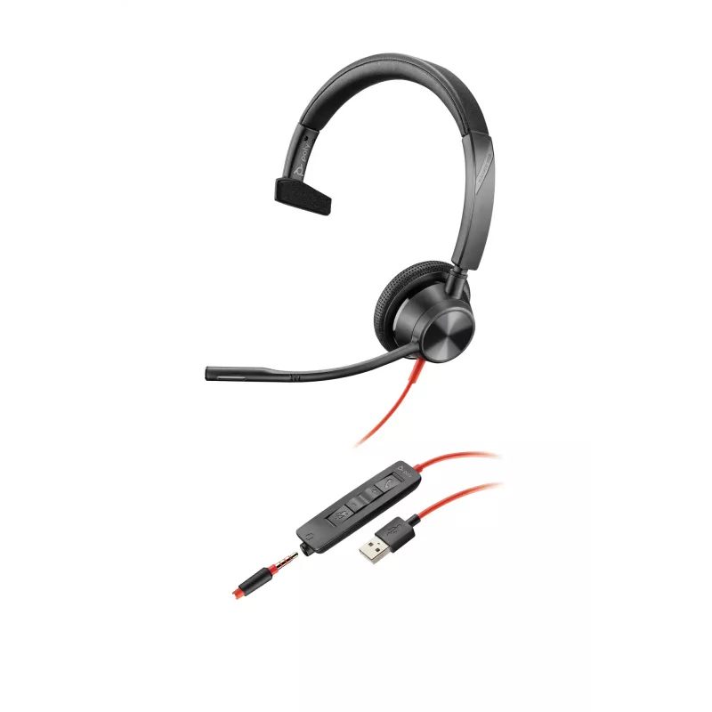 HP Poly Poly Blackwire 3315 USB-A Headset, Wired, 20 - 20000 Hz, Office/Call center, 102 g, Headset, Black, Red