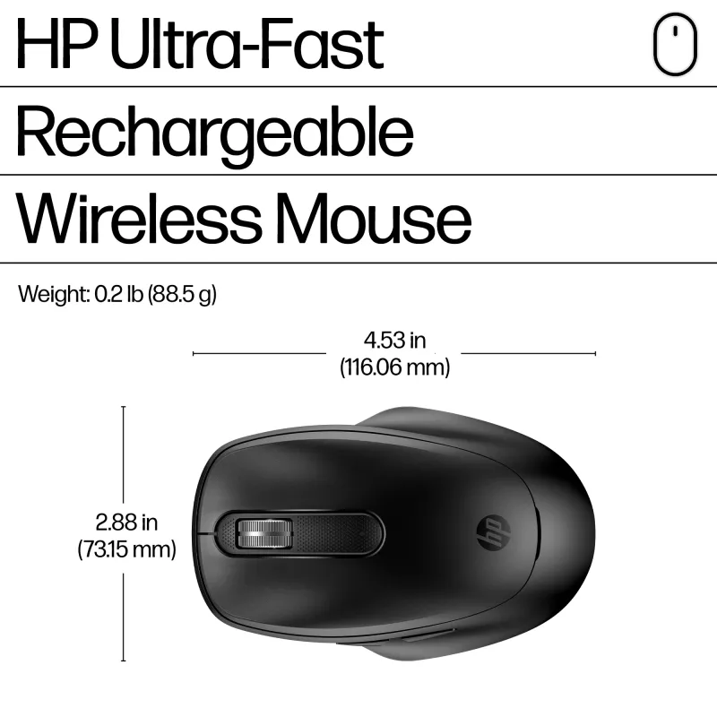 HP 510 Ultra-Fast Rechargeable Wireless Mouse, Ambidextrous, RF Wireless, 4000 DPI, Black