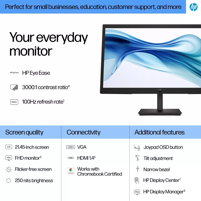 HP Series 3 Pro 21.45 inch FHD Monitor - 322pv, 54.5 cm (21.4 inch), 1920 x 1080 pixels, Full HD, LCD, 5 ms, Black
