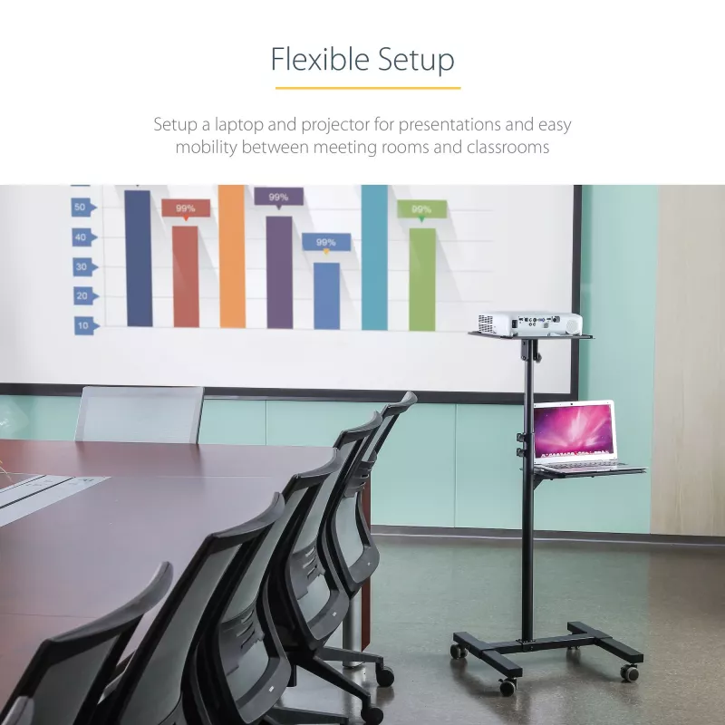 StarTech.com Mobile Projector and Laptop Stand/Cart - Heavy Duty Portable Projector Stand (2 Shelves, hold 22lb/10kg each) - Height Adjustable Rolling Presentation Cart w/Lockable Wheels