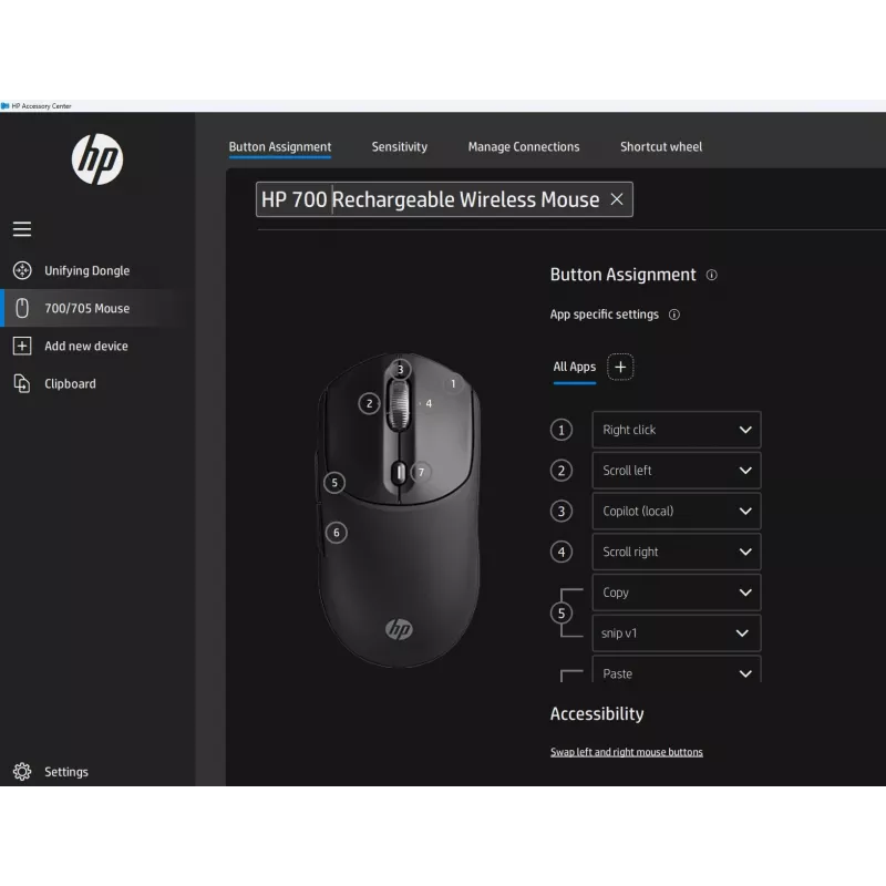 HP 700 Rechargeable Wireless Mouse, Ambidextrous, RF Wireless + Bluetooth, 6000 DPI, Black