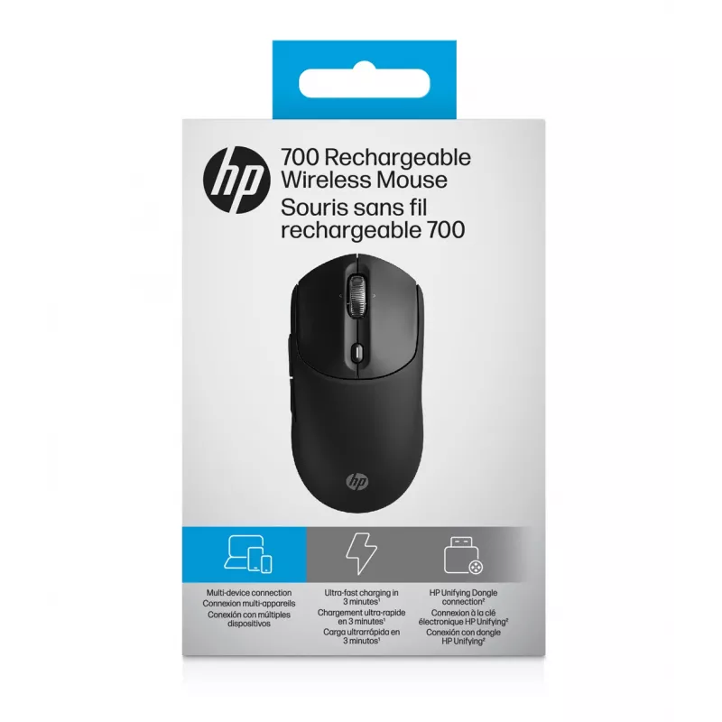 HP 700 Rechargeable Wireless Mouse, Ambidextrous, RF Wireless + Bluetooth, 6000 DPI, Black