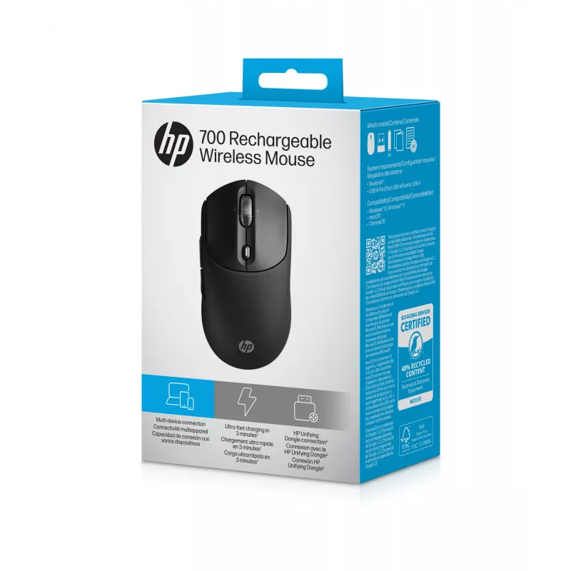 HP 700 Rechargeable Wireless Mouse, Ambidextrous, RF Wireless + Bluetooth, 6000 DPI, Black