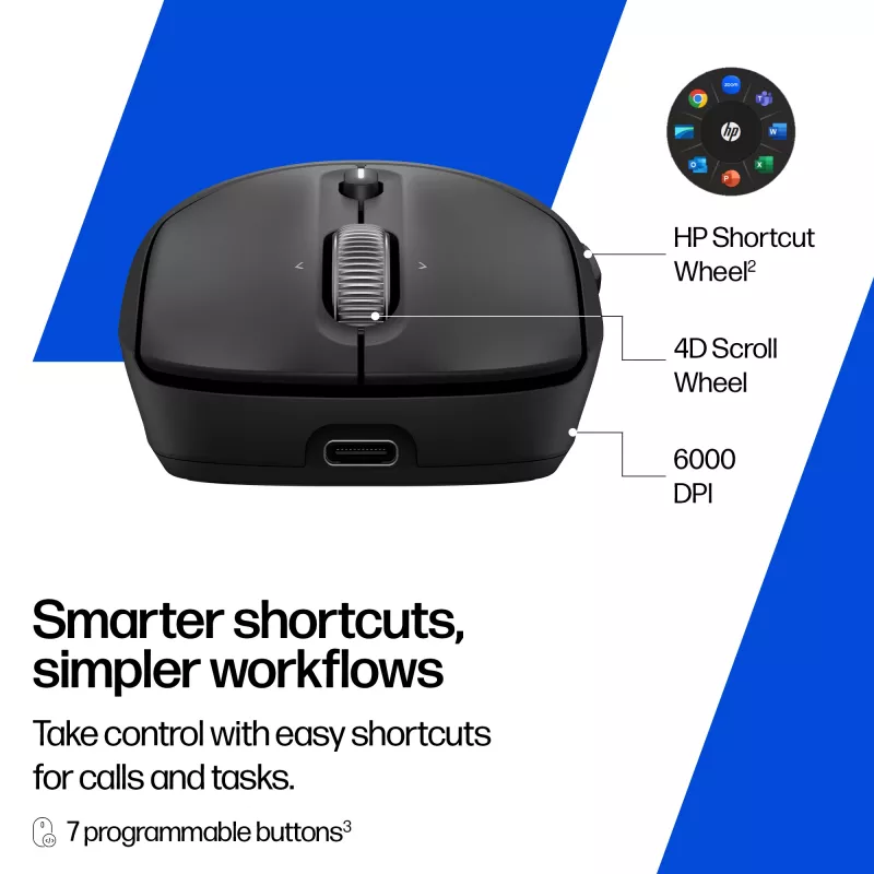 HP 700 Rechargeable Wireless Mouse, Ambidextrous, RF Wireless + Bluetooth, 6000 DPI, Black