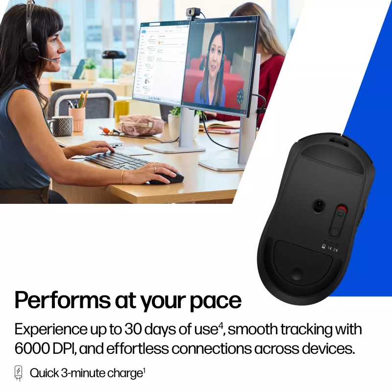 HP 700 Rechargeable Wireless Mouse, Ambidextrous, RF Wireless + Bluetooth, 6000 DPI, Black