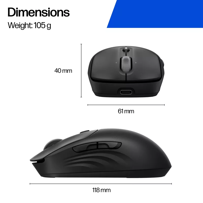 HP 700 Rechargeable Wireless Mouse, Ambidextrous, RF Wireless + Bluetooth, 6000 DPI, Black