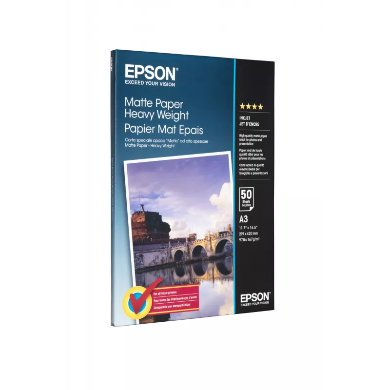 Epson Matte Paper Heavy Weight, DIN A3, 167g/m², 50 Sheets, Inkjet printing, A3 (297x420 mm), Matt, 50 sheets, 167 g/m², White