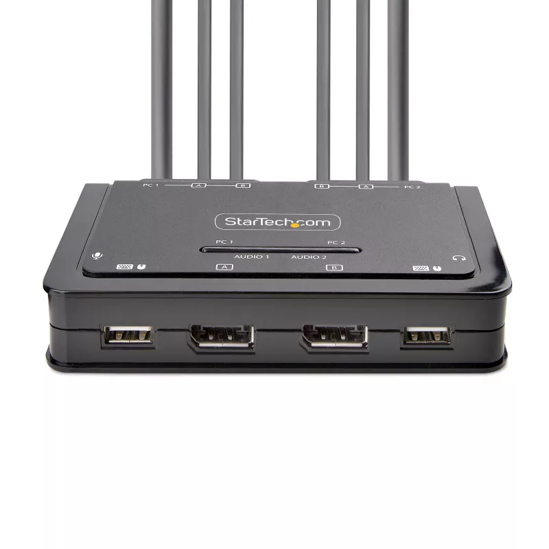 StarTech.com 2-Port Dual-Monitor DisplayPort Cable KVM Switch, 4K 60Hz, Compact KVM with 5ft/1.5m USB-A/DisplayPort/Audio Integrated Cables, Bus Powered - Remote Push Button/Hotkey Switching