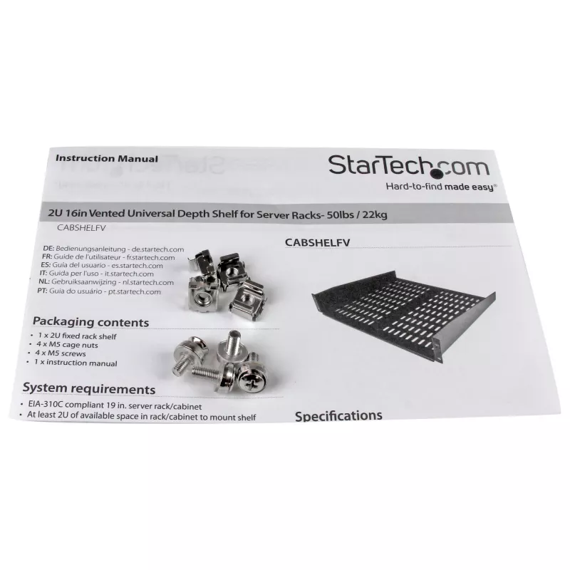 StarTech.com 2U Server Rack Shelf - Universal Vented Rack Mount Cantilever Tray for 19 inch Network Equipment Rack & Cabinet - Heavy Duty Steel - Weight Capacity 50lb/23kg - 16 inch Deep Shelf, Black