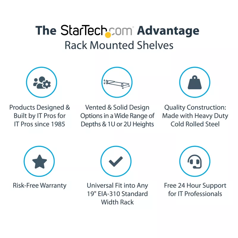 StarTech.com 2U Server Rack Shelf - Universal Vented Rack Mount Cantilever Tray for 19 inch Network Equipment Rack & Cabinet - Heavy Duty Steel - Weight Capacity 50lb/23kg - 16 inch Deep Shelf, Black