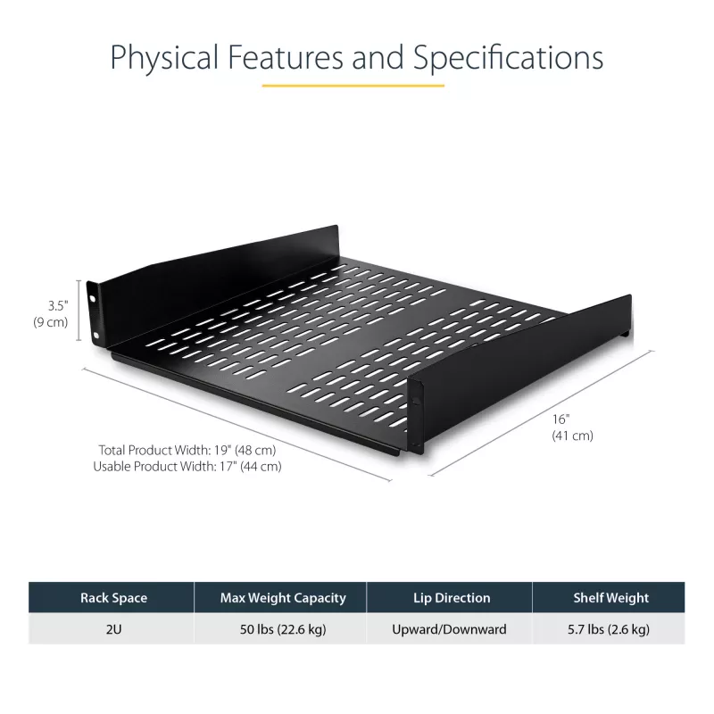 StarTech.com 2U Server Rack Shelf - Universal Vented Rack Mount Cantilever Tray for 19 inch Network Equipment Rack & Cabinet - Heavy Duty Steel - Weight Capacity 50lb/23kg - 16 inch Deep Shelf, Black