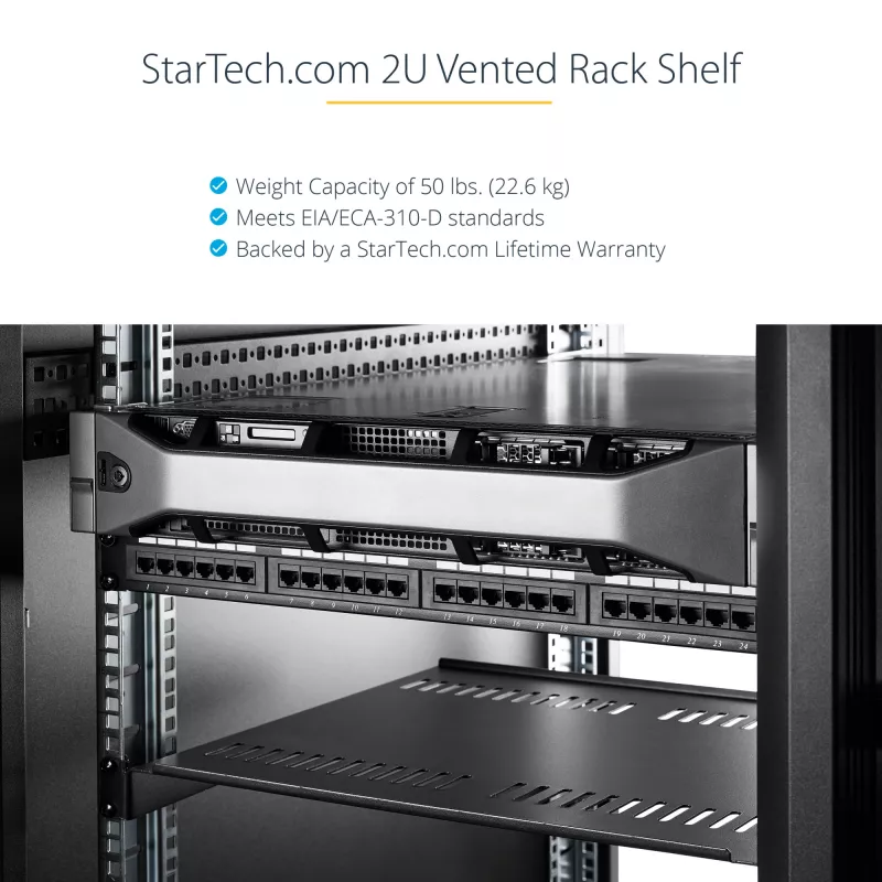 StarTech.com 2U Server Rack Shelf - Universal Vented Rack Mount Cantilever Tray for 19 inch Network Equipment Rack & Cabinet - Heavy Duty Steel - Weight Capacity 50lb/23kg - 16 inch Deep Shelf, Black