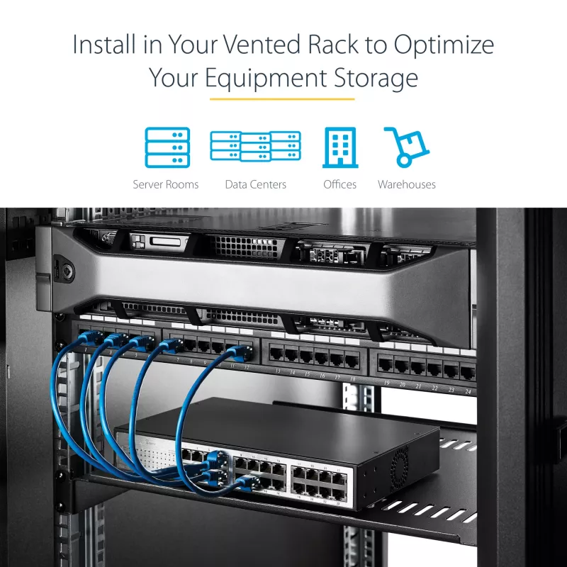 StarTech.com 2U Server Rack Shelf - Universal Vented Rack Mount Cantilever Tray for 19 inch Network Equipment Rack & Cabinet - Heavy Duty Steel - Weight Capacity 50lb/23kg - 16 inch Deep Shelf, Black
