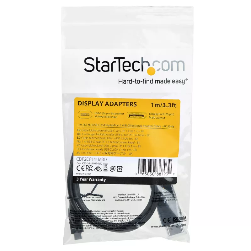 StarTech.com 3.3ft (1m) USB C to DisplayPort 1.4 Cable 8K 60Hz/4K - Bidirectional DP to USB-C or USB-C to DP Reversible Video Adapter Cable -HBR3/HDR/DSC - USB Type-C/Thunderbolt Monitor Cable