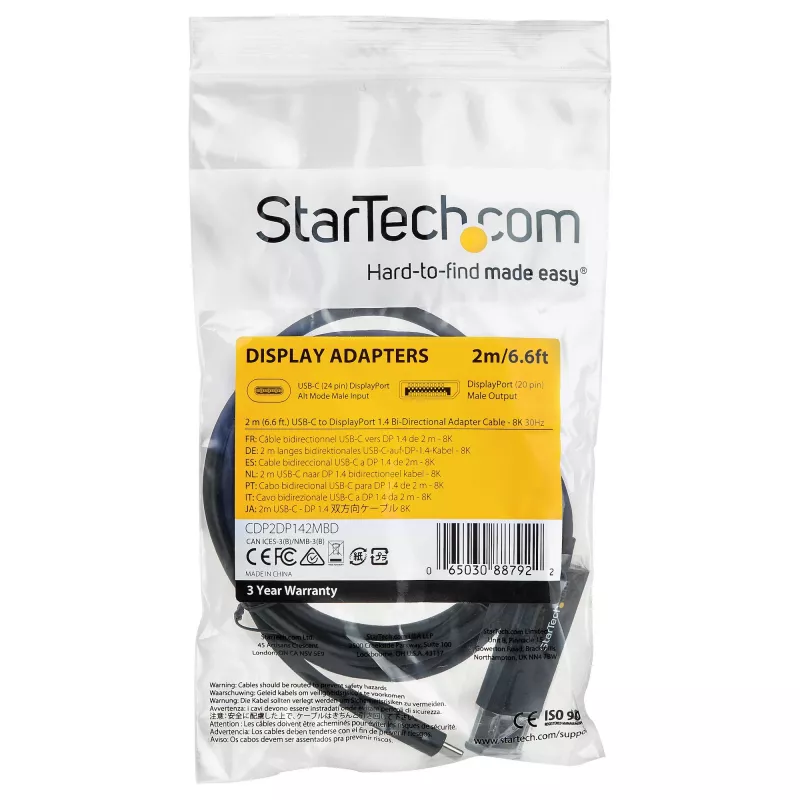 StarTech.com 6ft (2m) USB C to DisplayPort 1.4 Cable 8K 60Hz/4K - Bidirectional DP to USB-C or USB-C to DP Reversible Video Adapter Cable -HBR3/HDR/DSC - USB Type C/TB3 Monitor Cable (CDP2DP142MBD)