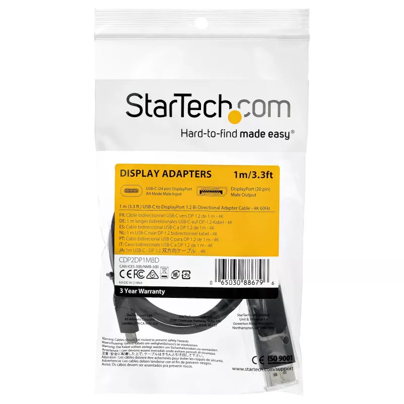 StarTech.com 3.3ft (1m) USB C to DisplayPort 1.2 Cable 4K 60Hz - Bidirectional DP to USB-C or USB-C to DP Reversible Video Adapter Cable - HBR2/HDR - USB Type C/Thunderbolt Monitor Cable