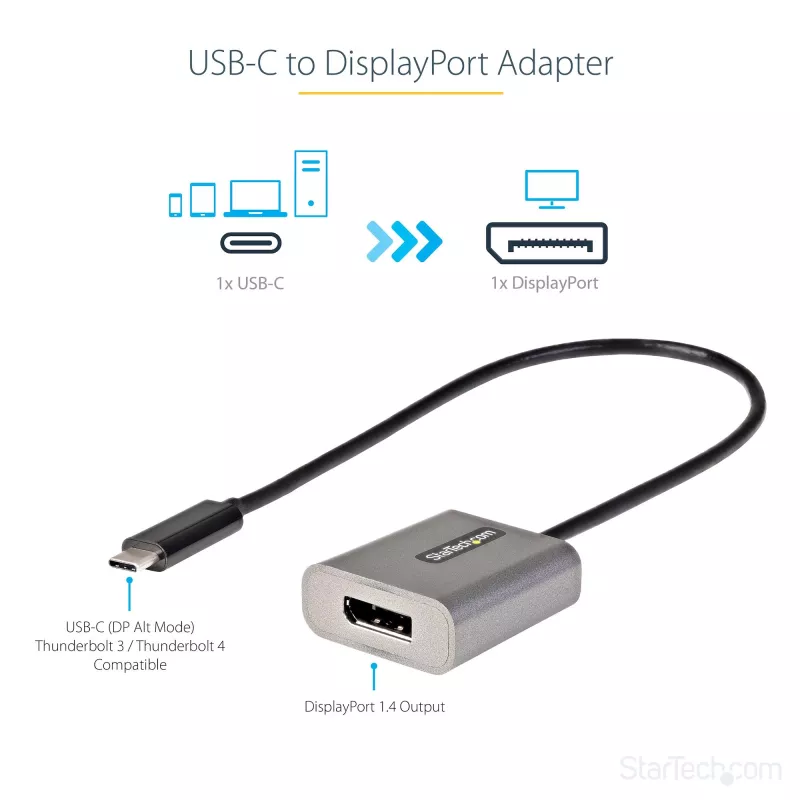StarTech.com USB C to DisplayPort Adapter - 8K/4K 60Hz USB-C to DisplayPort 1.4 Adapter Dongle - USB Type-C to DP Monitor Video Converter - Works w/Thunderbolt 3 - w/12 inch Long Attached Cable