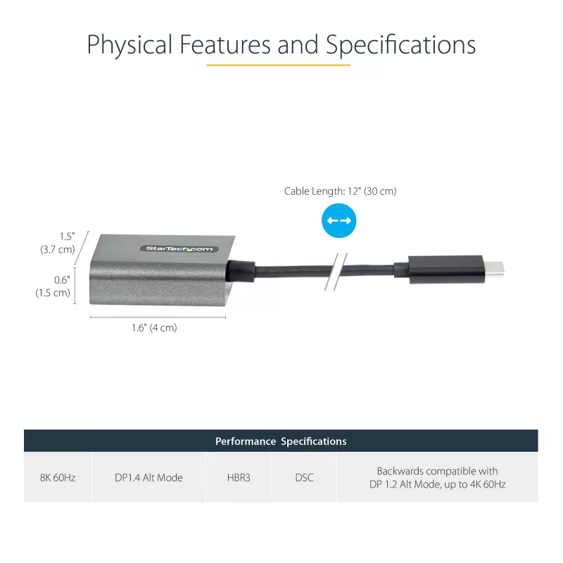 StarTech.com USB C to DisplayPort Adapter - 8K/4K 60Hz USB-C to DisplayPort 1.4 Adapter Dongle - USB Type-C to DP Monitor Video Converter - Works w/Thunderbolt 3 - w/12 inch Long Attached Cable