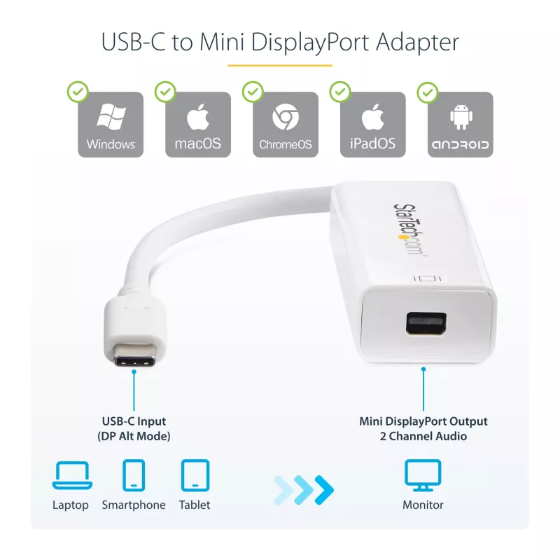 StarTech.com USB-C to Mini DisplayPort Adapter - 4K 60Hz - White - USB 3.1 Type-C to Mini DP Adapter - Upgraded Version is CDP2MDPEC