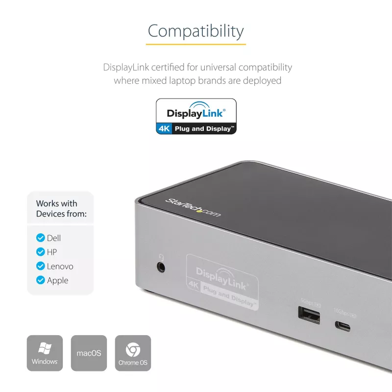 StarTech.com USB C Dock - 4K 60Hz Quad Monitor DisplayPort & HDMI - Universal USB-C Docking Station with 100W Power Delivery - USB Hub with 1x USB Type-C & 3x USB-A, Ethernet, Audio