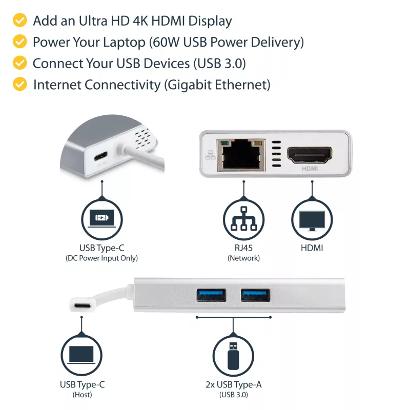 StarTech.com USB-C Multiport Adapter - USB-C Travel Docking Station w/ 4K HDMI - 60W Power Delivery Pass-Through, GbE, 2pt USB-A 3.0 Hub - Portable Mini USB Type-C Dock for Laptop - White