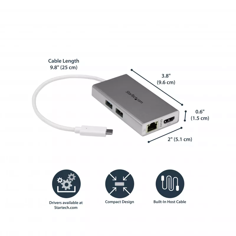 StarTech.com USB-C Multiport Adapter - USB-C Travel Docking Station w/ 4K HDMI - 60W Power Delivery Pass-Through, GbE, 2pt USB-A 3.0 Hub - Portable Mini USB Type-C Dock for Laptop - White
