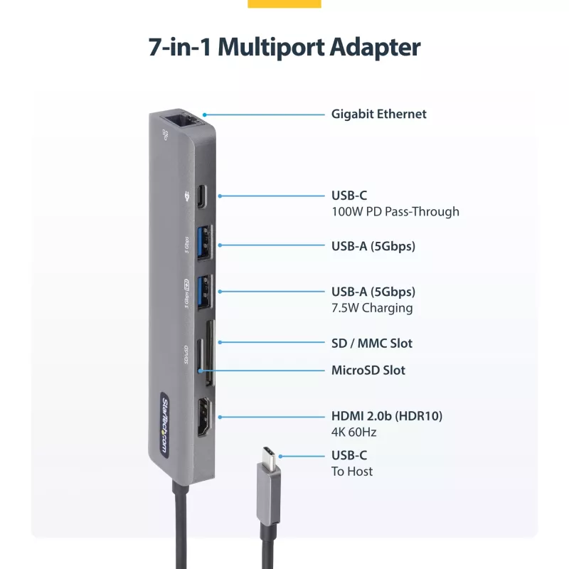 StarTech.com USB-C Multiport Adapter Hub, USB-C to 4K 60Hz HDMI, Gigabit Ethernet and 100W Laptop Charging for Macbook Pro / Air and Windows