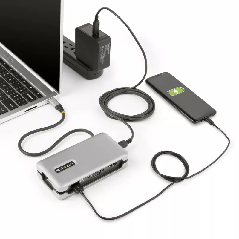 StarTech.com USB-C Multiport Adapter - HDMI/VGA - 4K 60Hz - 3-Port USB Hub - 100W Power Delivery Pass-Through - GbE - Travel Mini Docking Station w/ Charging - 1ft/30cm Wrap-Around Cable