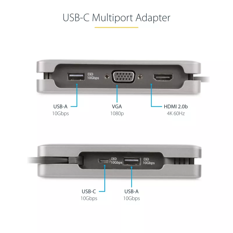 StarTech.com USB-C Multiport Adapter - HDMI/VGA - 4K 60Hz - 3-Port USB Hub - 100W Power Delivery Pass-Through - GbE - Travel Mini Docking Station w/ Charging - 1ft/30cm Wrap-Around Cable