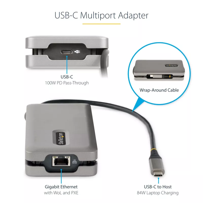 StarTech.com USB-C Multiport Adapter - HDMI/VGA - 4K 60Hz - 3-Port USB Hub - 100W Power Delivery Pass-Through - GbE - Travel Mini Docking Station w/ Charging - 1ft/30cm Wrap-Around Cable