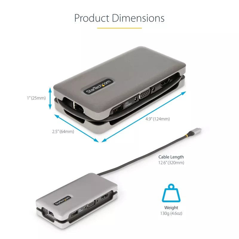 StarTech.com USB-C Multiport Adapter - HDMI/VGA - 4K 60Hz - 3-Port USB Hub - 100W Power Delivery Pass-Through - GbE - Travel Mini Docking Station w/ Charging - 1ft/30cm Wrap-Around Cable