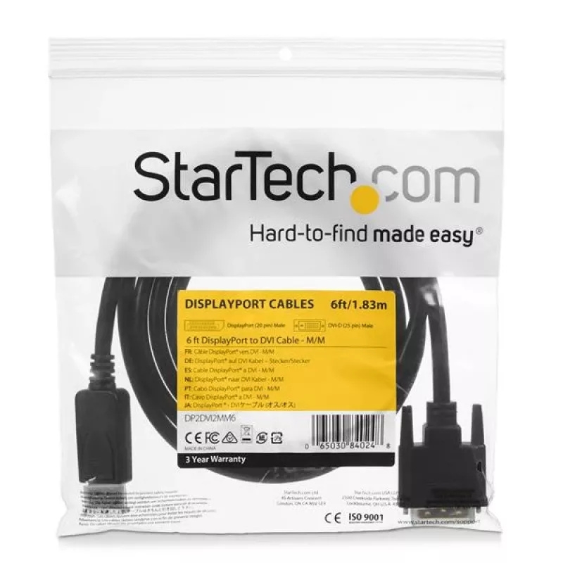 StarTech.com 6ft (1.8m) DisplayPort to DVI Cable, DisplayPort to DVI Adapter Cable, Passive DP to DVI-D Video Converter, 1080p - Replacement for DP2DVIMM6