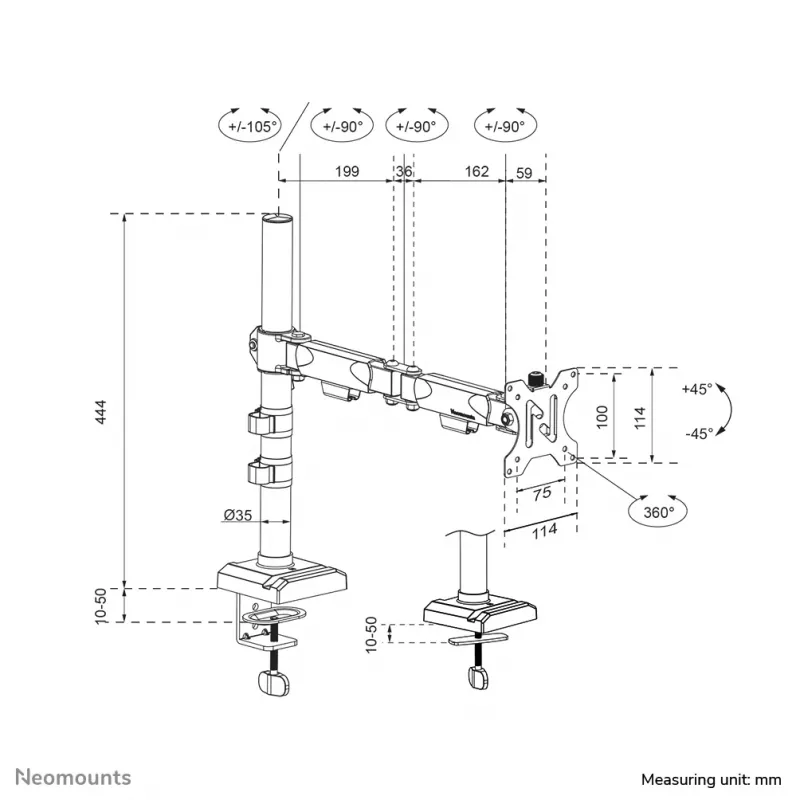 Neomounts DS60-600BL1 Monitor arm 10-32 inch - Quick-fix - 180°-stop