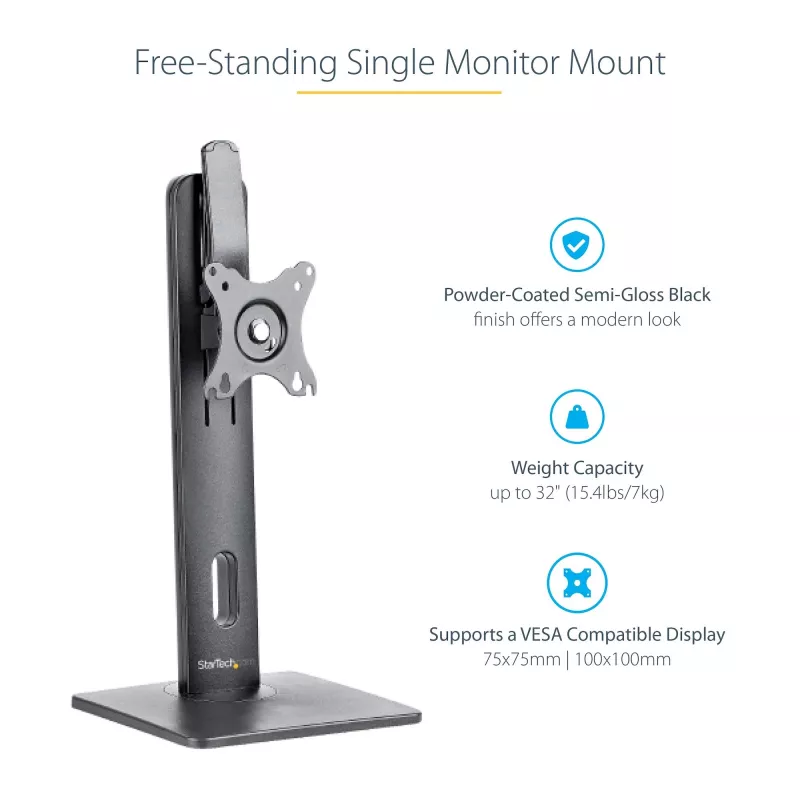 StarTech.com Free Standing Single Monitor Mount - Height Adjustable Monitor Stand - For VESA Mount Displays up to 32 inch (15lb/7kg) - Ergonomic Monitor Stand for Desk - Tilt/Swivel/Rotate