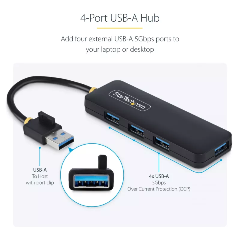StarTech.com 4-Port USB-A Hub, 5Gbps, Bus Powered, Small Travel Mini USB Hub, Multi-Port USB 3.0 Splitter, Portable USB Hub, Overcurrent Protection (OCP)