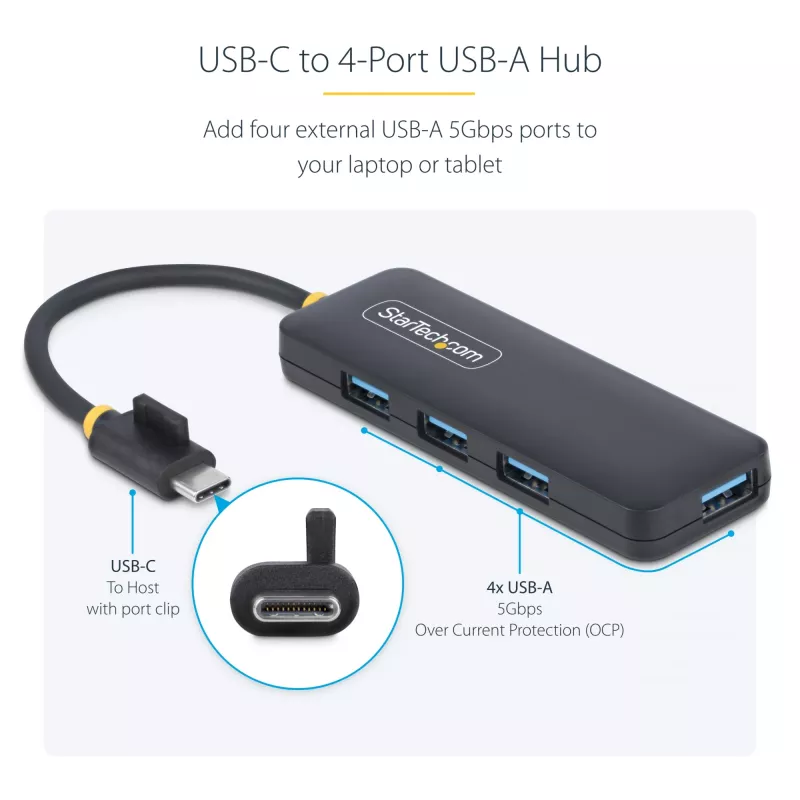 StarTech.com 4-Port USB-C Hub, 5Gbps, USB-C to 4x USB-A, Bus Powered, Small Travel Mini Hub, Multi-Port USB 3.0 Splitter, Portable Hub, Overcurrent Protection
