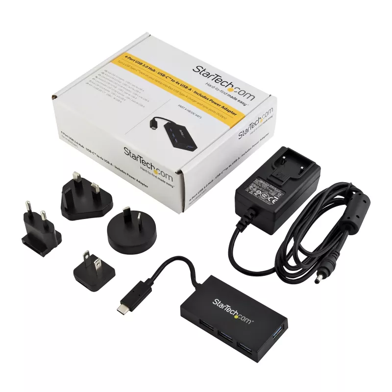 StarTech.com 4 Port USB C Hub - USB Type-C Hub w/ 4x USB-A Ports (USB 3.0/3.1 Gen 1 SuperSpeed 5Gbps) - USB Bus or Self Power - Portable USB-C to USB-A BC 1.2 Charging Hub w/ Power Adapter~4 Port USB C Hub - USB Type-C Hub w/ 4x USB-A Ports USB 3.0 hub (5Gbps) - USB Bus or Self Power - Portable USB-C to USB-A BC 1.2 Charging Hub w/ Power Adapter