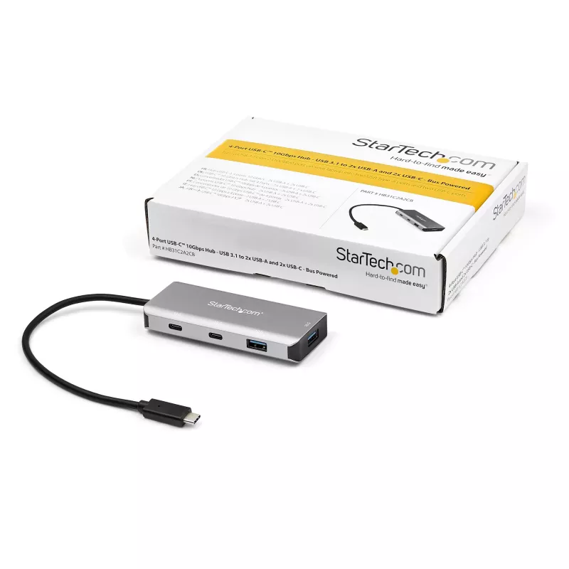 StarTech.com 4 Port USB C Hub w/ 2x USB A & 2x USB C - SuperSpeed 10Gbps USB Type-C 3.1/3.2 Gen 2 Hub - USB Bus Powered - Portable USB-C to USB Adapter Hub - Aluminum - 25cm(9.8 inch) Cable~4 Port USB C Hub w/ 2x USB A & 2x USB C - SuperSpeed 10Gbps USB Type-C 3.2 Gen 2 Hub - USB Bus Powered - Portable USB-C to USB Adapter Hub - Aluminum - 9.8 inch (25cm) Cable