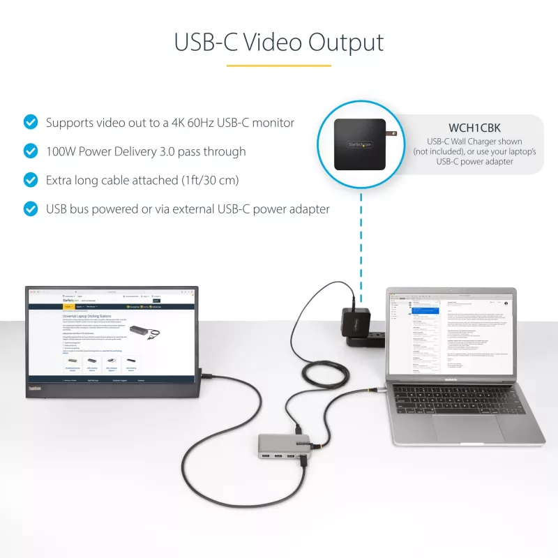 StarTech.com 4-Port USB-C Hub with USB-C DP Alt Mode Video Output 4K 60Hz - 3x USB-A, 1x USB Type-C, 100W Power Delivery Pass-Through, USB 3.2 10Gbps, 1ft/30cm Cable, Portable USB Hub