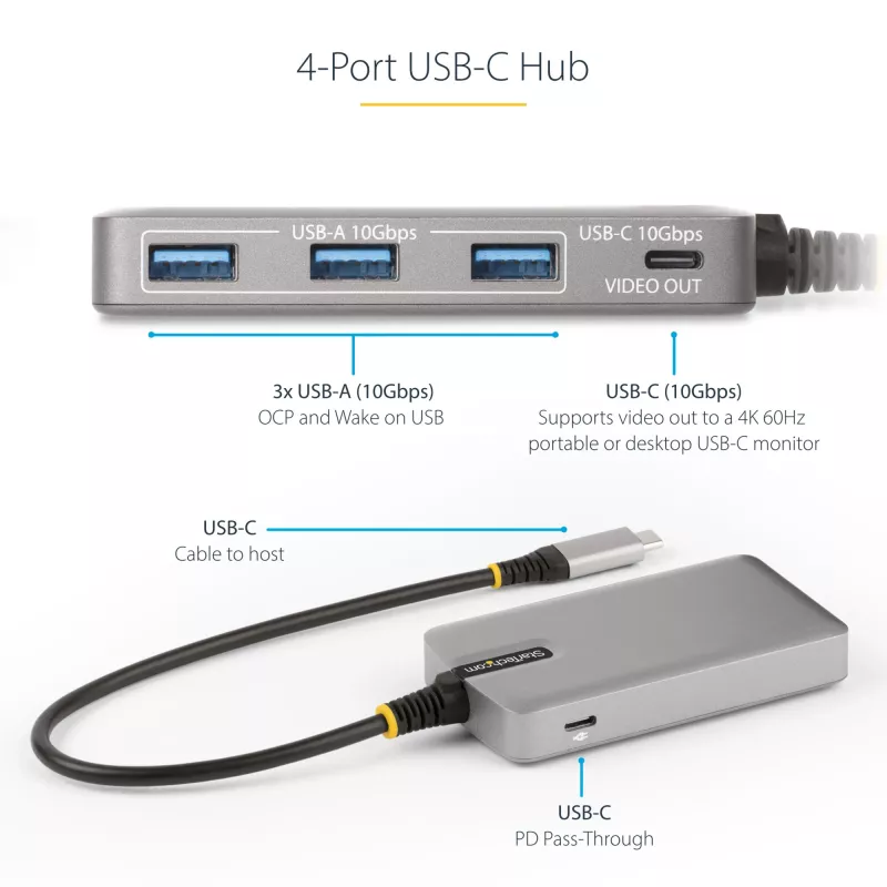 StarTech.com 4-Port USB-C Hub with USB-C DP Alt Mode Video Output 4K 60Hz - 3x USB-A, 1x USB Type-C, 100W Power Delivery Pass-Through, USB 3.2 10Gbps, 1ft/30cm Cable, Portable USB Hub