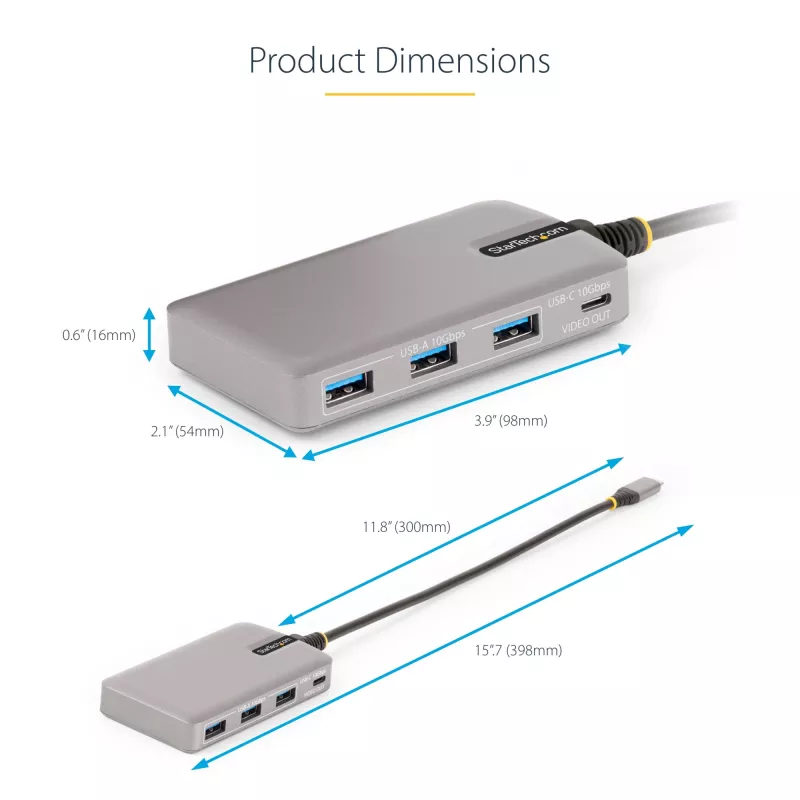 StarTech.com 4-Port USB-C Hub with USB-C DP Alt Mode Video Output 4K 60Hz - 3x USB-A, 1x USB Type-C, 100W Power Delivery Pass-Through, USB 3.2 10Gbps, 1ft/30cm Cable, Portable USB Hub