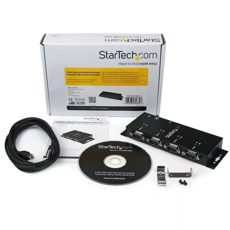 StarTech.com 4 Port USB to DB9 RS232 Serial Adapter Hub – Industrial DIN Rail and Wall Mountable