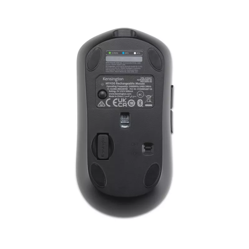 Kensington MY430 EQ Rechargeable Mouse, Ambidextrous, Optical, RF Wireless + Bluetooth, 2400 DPI, Black
