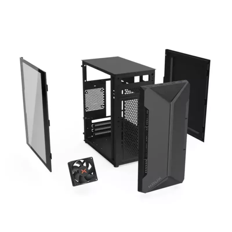 PC case KRUX Astro Cube Black — cube chassis, supports micro ATX/mini‑ITX, 1×3.5 inch + 2×2.5 inch bays, side window, max PSU 28 cm, max cooler height 136 mm