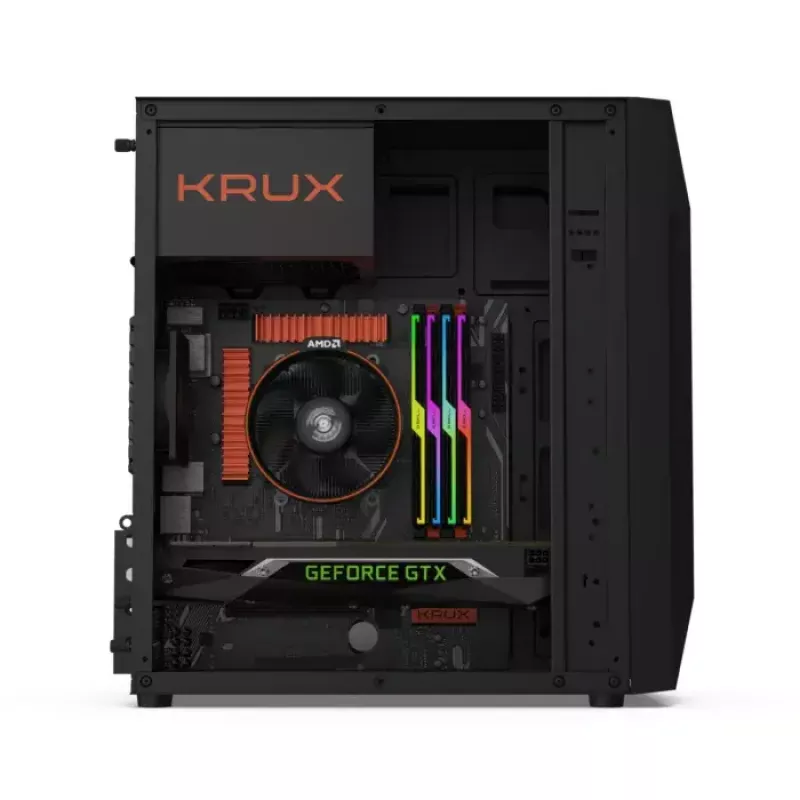 PC case KRUX Astro Cube Black — cube chassis, supports micro ATX/mini‑ITX, 1×3.5 inch + 2×2.5 inch bays, side window, max PSU 28 cm, max cooler height 136 mm