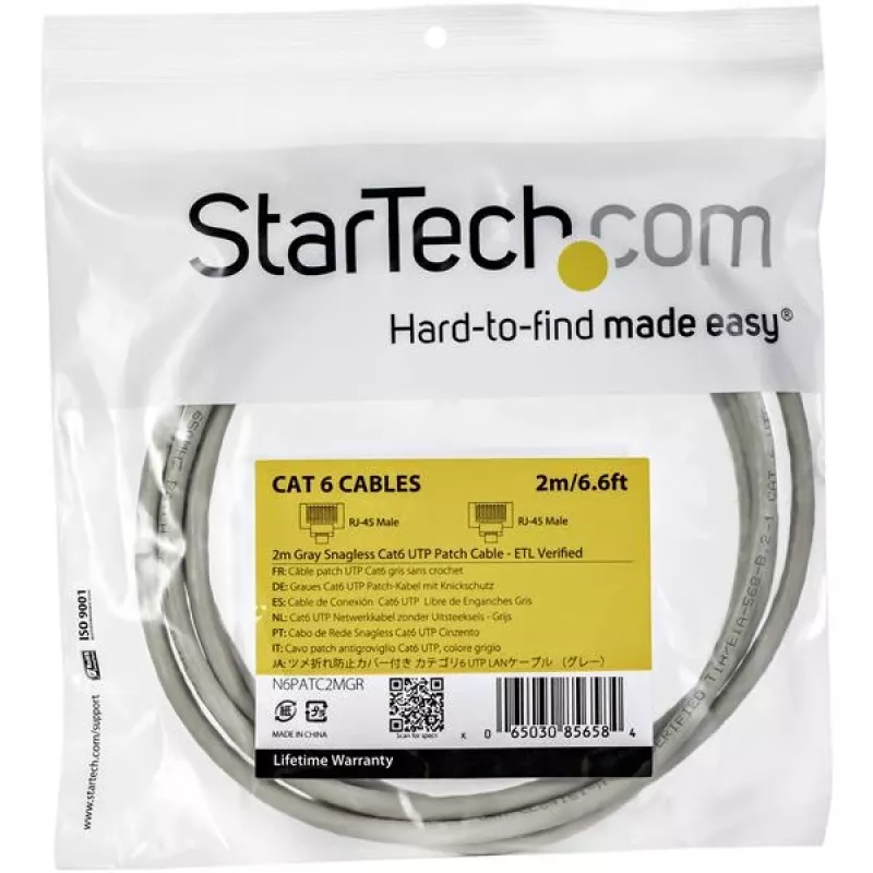 StarTech.com 2m CAT6 Ethernet Cable - Grey CAT 6 Gigabit Ethernet Wire -250MHz 100W PoE RJ45 UTP Network/Patch Cord Snagless w/Strain Relief Individually Tested