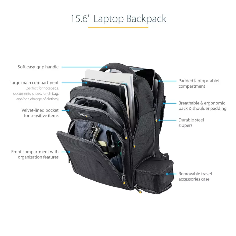 StarTech.com 15.6 inch Laptop Backpack with Removable Accessory Organizer Case - Professional IT Tech Backpack for Work/Travel/Commute - Ergonomic Computer Bag - Durable Ballistic Nylon - Notebook/Tablet Pockets