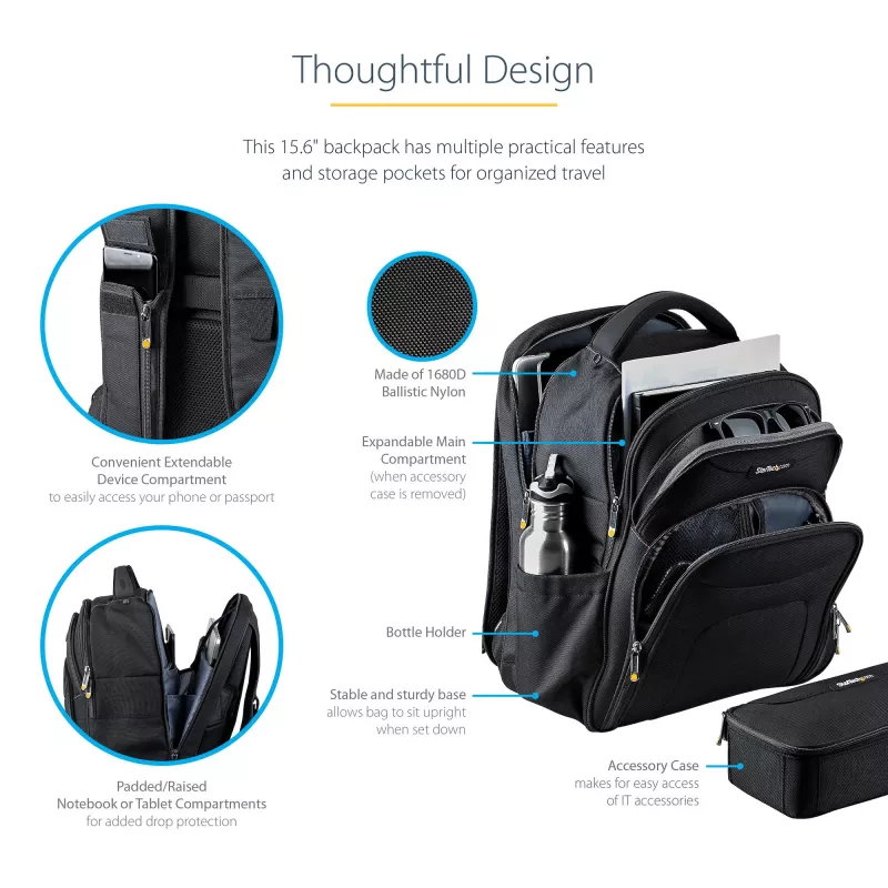 StarTech.com 15.6 inch Laptop Backpack with Removable Accessory Organizer Case - Professional IT Tech Backpack for Work/Travel/Commute - Ergonomic Computer Bag - Durable Ballistic Nylon - Notebook/Tablet Pockets